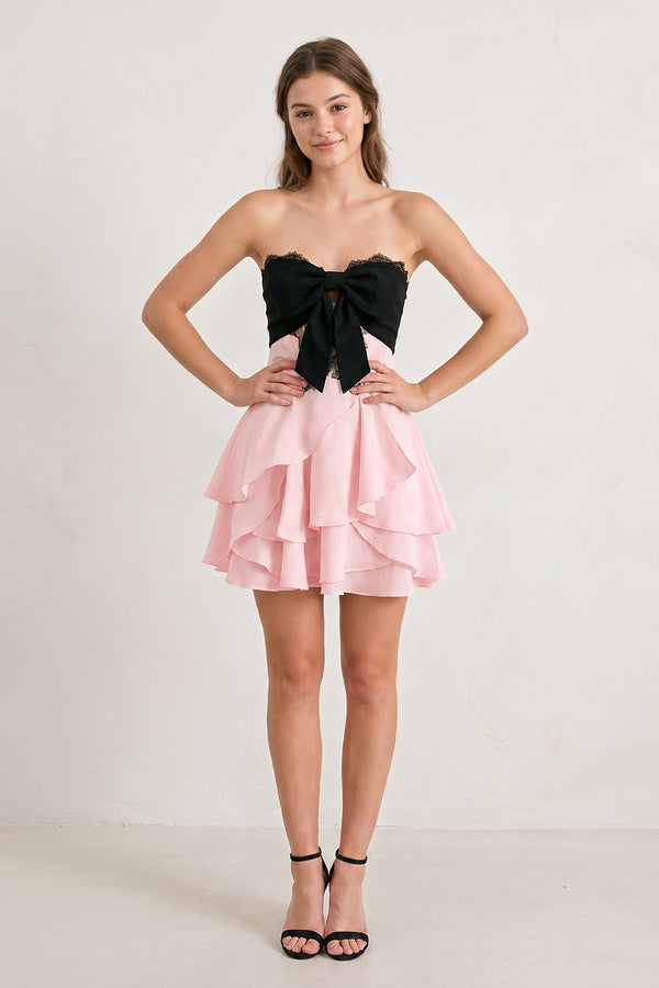 Pink Sweetheart A-Line Ruffled Chiffon Homecoming Dress with Bow (2) | KISSPROM