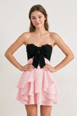 Pink Sweetheart A-Line Ruffled Chiffon Homecoming Dress with Bow | KISSPROM