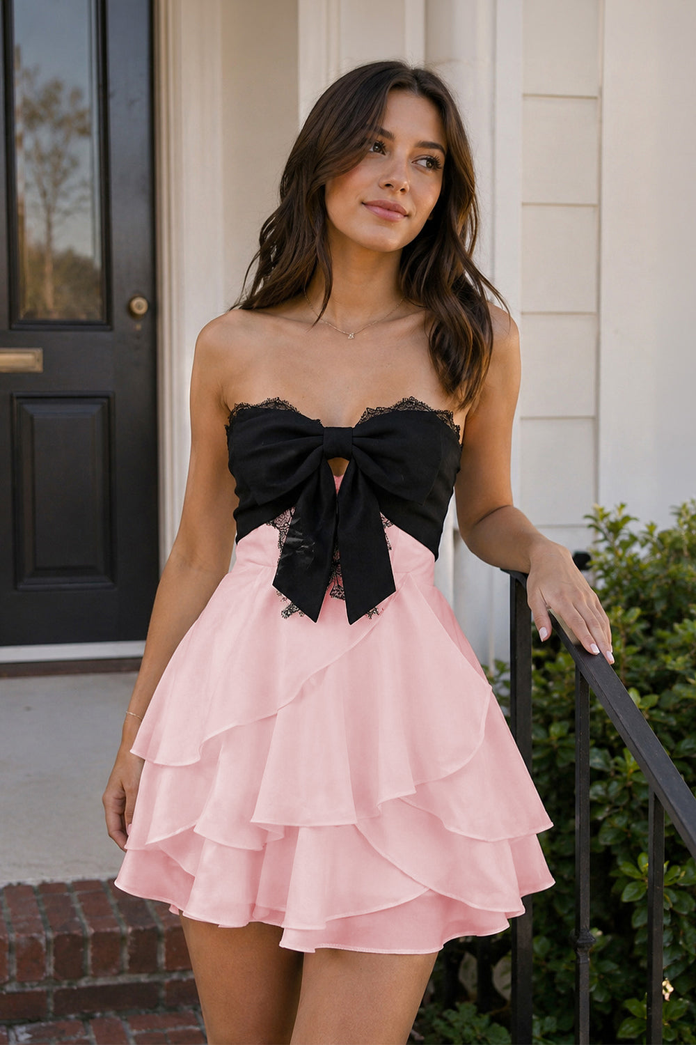 Pink Sweetheart A-Line Ruffled Chiffon Homecoming Dress with Bow | KISSPROM