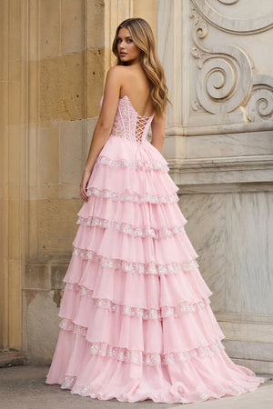 KissProm- Pink Sweetheart A Line Sequined Lace Ruffled Long Prom Dresses With Appliques
