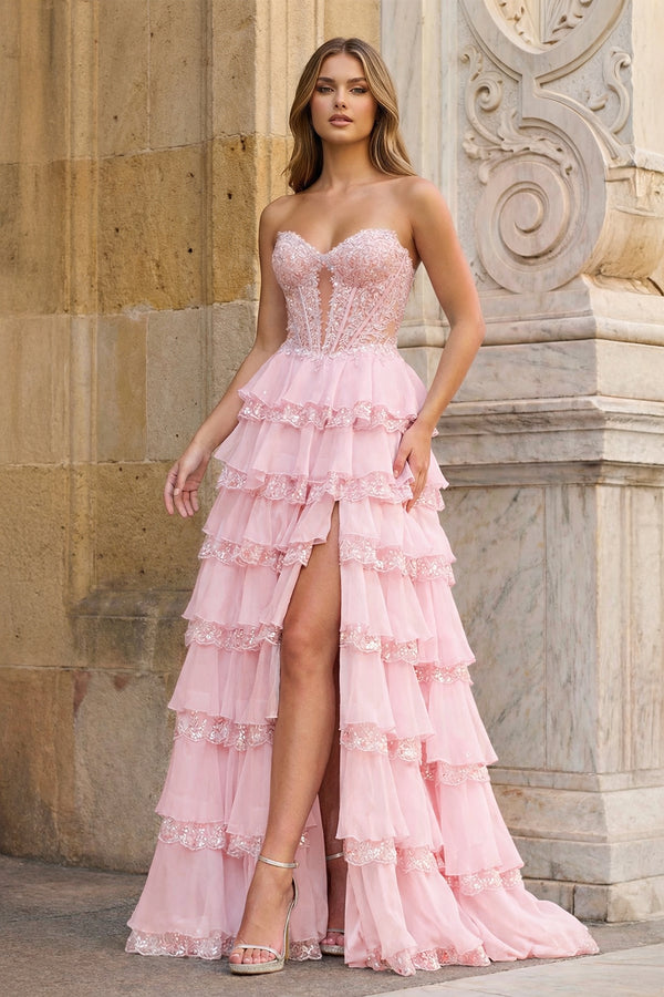 KissProm- Pink Sweetheart A Line Sequined Lace Ruffled Long Prom Dresses With Appliques