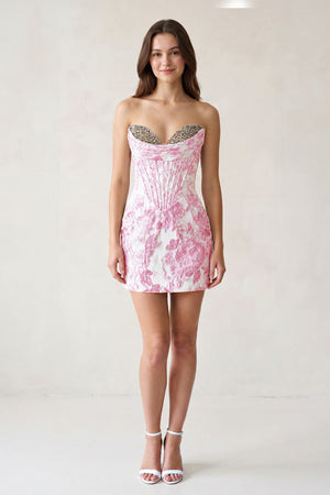 Pink Sweetheart Jacquard Sheath Corset Homecoming Dress (3) | KISSPROM