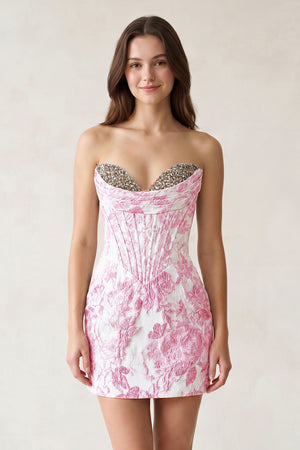 Pink Sweetheart Jacquard Sheath Corset Homecoming Dress | KISSPROM