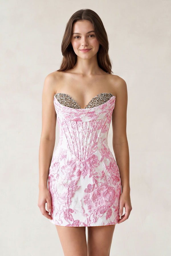 Pink Sweetheart Jacquard Sheath Corset Homecoming Dress | KISSPROM
