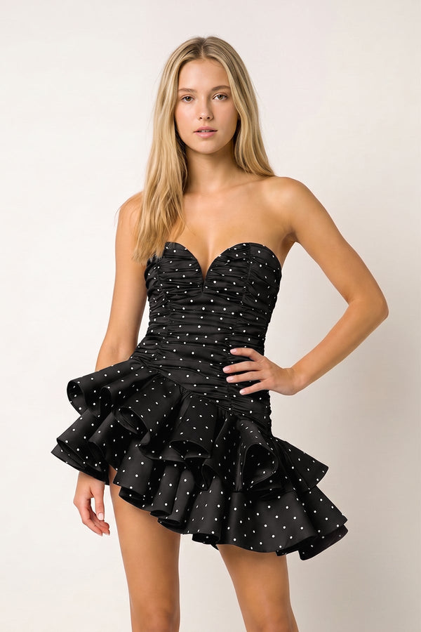 Black Sweetheart Polka Dots Ruched Ruffled A-Line Homecoming Dress | KISSPROM