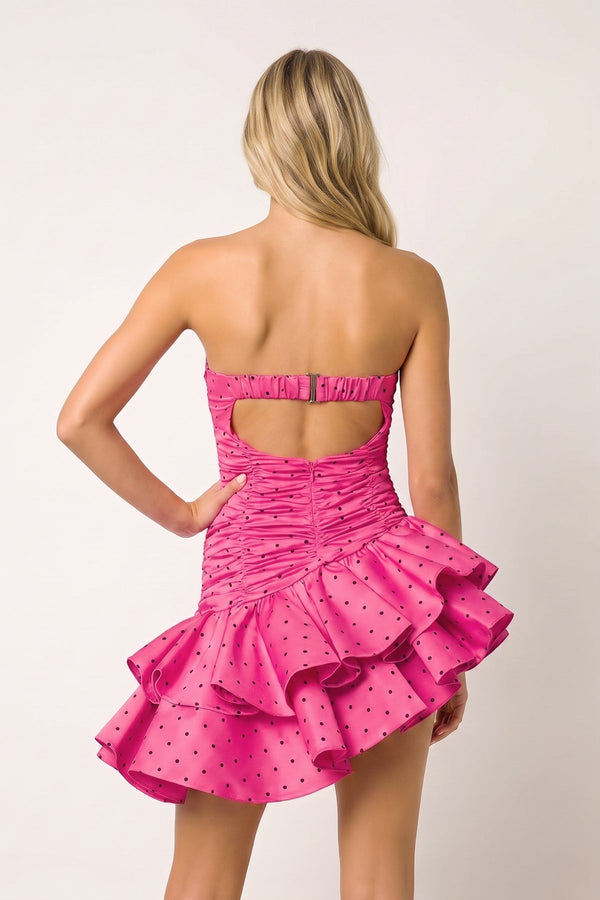 Hot Pink Sweetheart Polka Dots Ruched Ruffled A-Line Homecoming Dress | KISSPROM