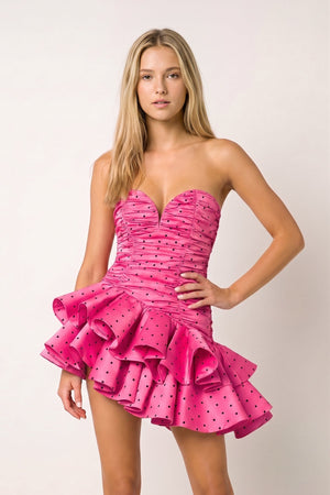 Hot Pink Sweetheart Polka Dots Ruched Ruffled A-Line Homecoming Dress | KISSPROM