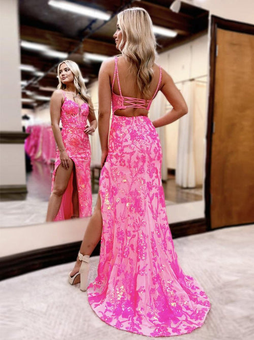 Pink Sweetheart Sequins Lace Mermaid Prom Dresses with Slit VK24031802