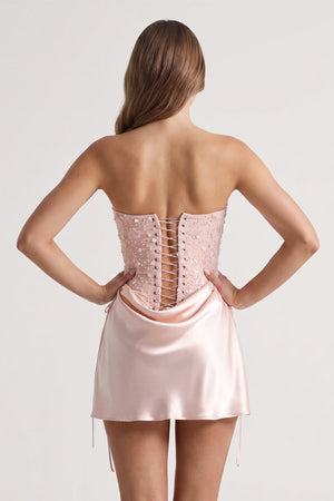 Pink Sweetheart Sheath Corset Ruched Satin Homecoming Dress with Beading | KISSPROM