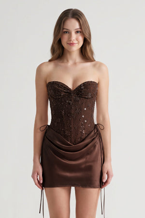 Brown Sweetheart Sheath Corset Ruched Satin Homecoming Dress with Beading | KISSPROM