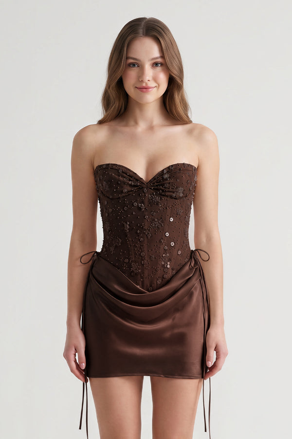 Brown Sweetheart Sheath Corset Ruched Satin Homecoming Dress with Beading | KISSPROM