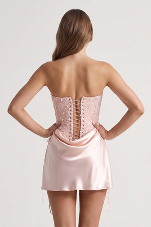 Pink Sweetheart Sheath Corset Ruched Satin Homecoming Dress with Beading | KISSPROM