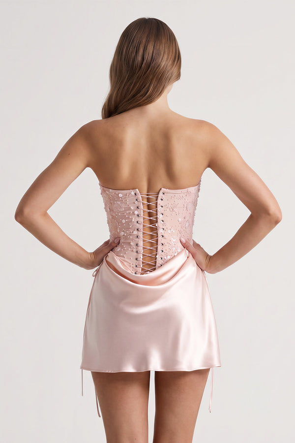 Pink Sweetheart Sheath Corset Ruched Satin Homecoming Dress with Beading | KISSPROM