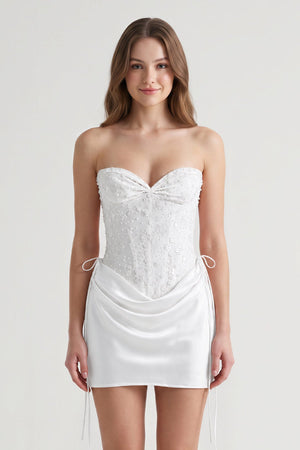 White Sweetheart Sheath Corset Ruched Satin Homecoming Dress with Beading | KISSPROM