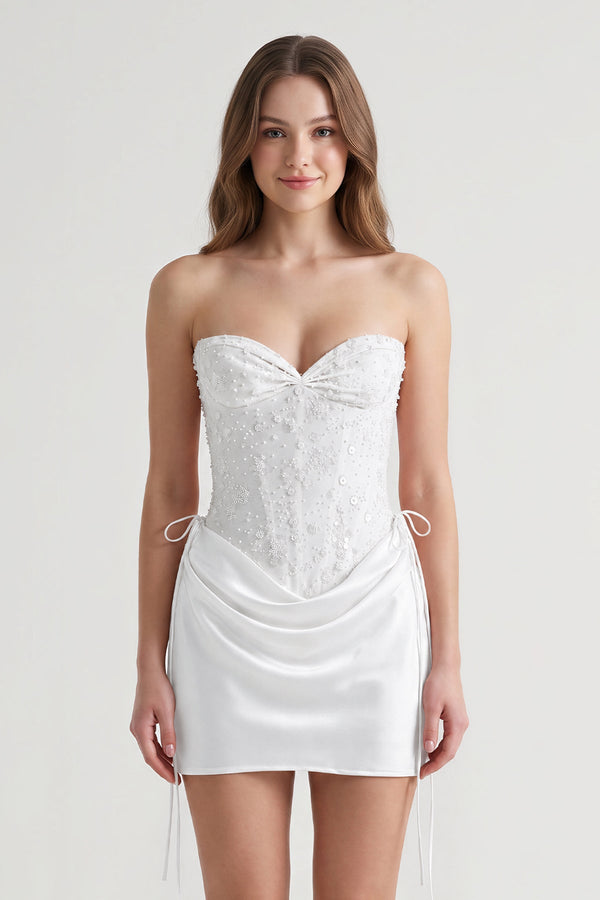 White Sweetheart Sheath Corset Ruched Satin Homecoming Dress with Beading | KISSPROM