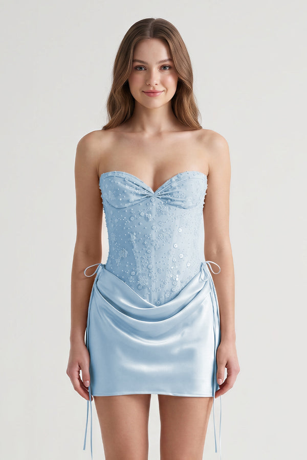 Sky Blue Sweetheart Sheath Corset Ruched Satin Homecoming Dress with Beading | KISSPROM