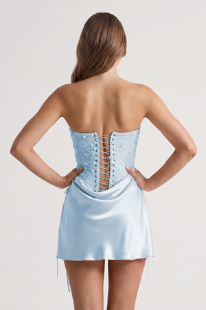 Sky Blue Sweetheart Sheath Corset Ruched Satin Homecoming Dress with Beading | KISSPROM