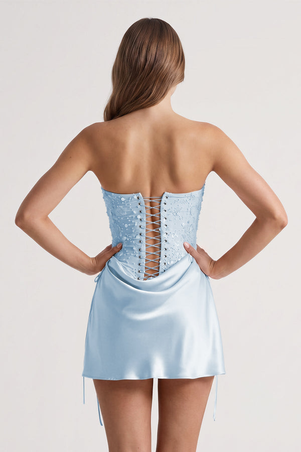 Sky Blue Sweetheart Sheath Corset Ruched Satin Homecoming Dress with Beading | KISSPROM