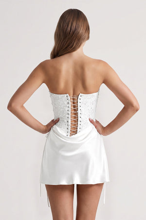 White Sweetheart Sheath Corset Ruched Satin Homecoming Dress with Beading | KISSPROM