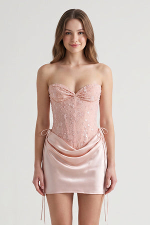 Pink Sweetheart Sheath Corset Ruched Satin Homecoming Dress with Beading | KISSPROM