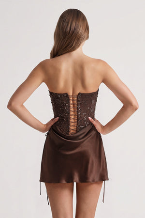 Brown Sweetheart Sheath Corset Ruched Satin Homecoming Dress with Beading | KISSPROM