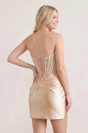Champagne Sweetheart Sheath Satin Corset Ruched Homecoming Dress With Beading - KISSPROM