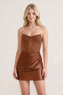 Brown Sweetheart Sheath Satin Corset Ruched Homecoming Dress With Beading | KISSPROM