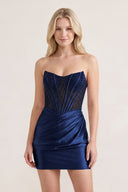 Navy Blue Sweetheart Sheath Satin Corset Ruched Homecoming Dress With Beading - KISSPROM