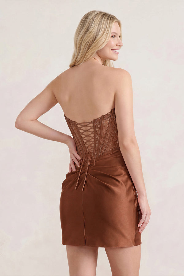 Brown Sweetheart Sheath Satin Corset Ruched Homecoming Dress With Beading (2) | KISSPROM