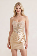Champagne Sweetheart Sheath Satin Corset Ruched Homecoming Dress With Beading - KISSPROM