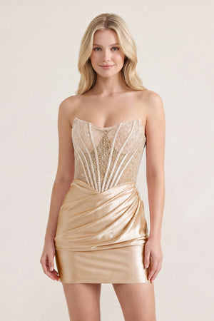 Champagne Sweetheart Sheath Satin Corset Ruched Homecoming Dress With Beading - KISSPROM