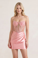 Pink Sweetheart Sheath Satin Corset Ruched Homecoming Dress With Beading- KissProm