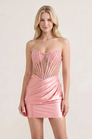 Pink Sweetheart Sheath Satin Corset Ruched Homecoming Dress With Beading- KissProm