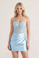 Blue Sweetheart Sheath Satin Corset Ruched Homecoming Dress With Beading - KISSPROM