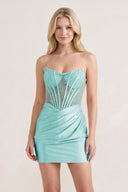 Aqua Sweetheart Sheath Satin Corset Ruched Homecoming Dress With Beading | KISSPROM