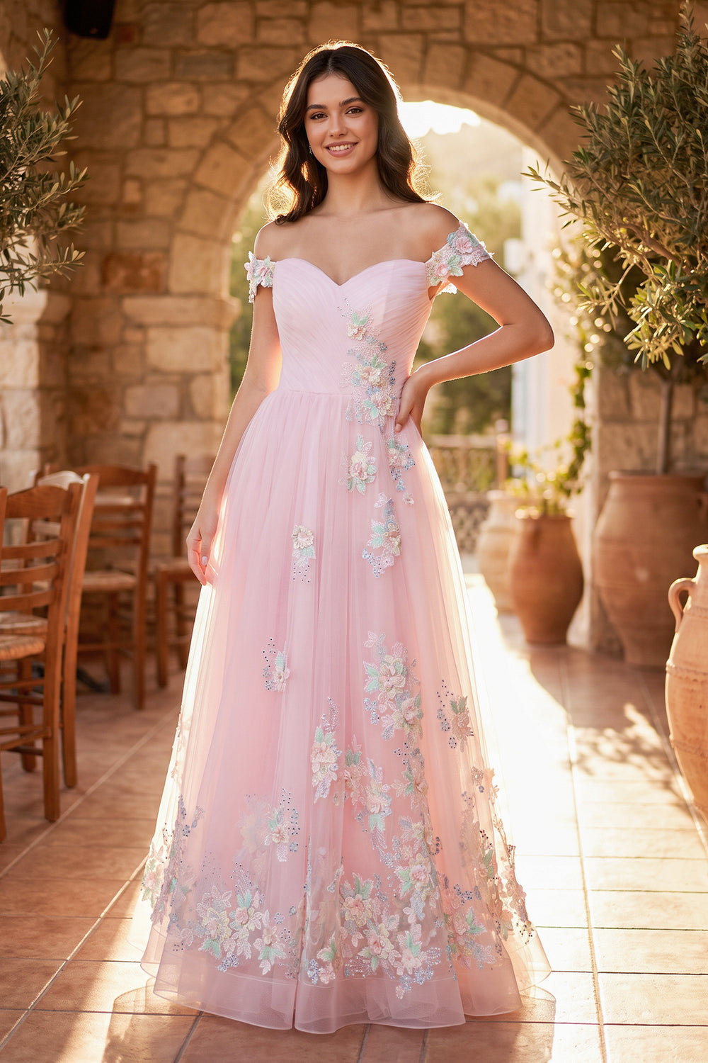 Pink A Line off the shoulder Applique Tulle Floor Length Prom Dress - KISSPROM
