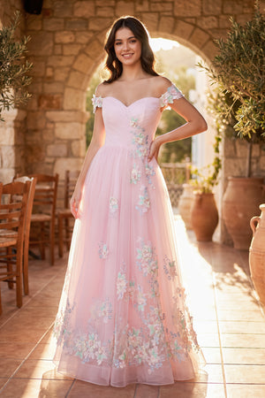 Pink A Line off the shoulder Applique Tulle Floor Length Prom Dress - KISSPROM