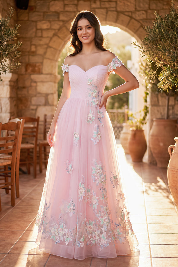Pink A Line off the shoulder Applique Tulle Floor Length Prom Dress - KISSPROM
