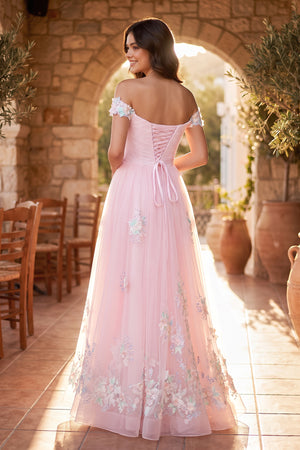 Pink A Line off the shoulder Applique Tulle Floor Length Prom Dress - KISSPROM