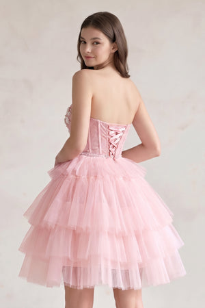 Pink Tulle 3D Floral Lace A-Line Tiered Homecoming Dress (2) | KISSPROM