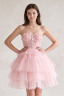 Pink Tulle 3D Floral Lace A-Line Tiered Homecoming Dress | KISSPROM
