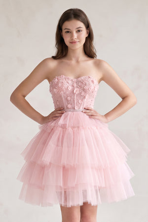 Pink Tulle 3D Floral Lace A-Line Tiered Homecoming Dress | KISSPROM
