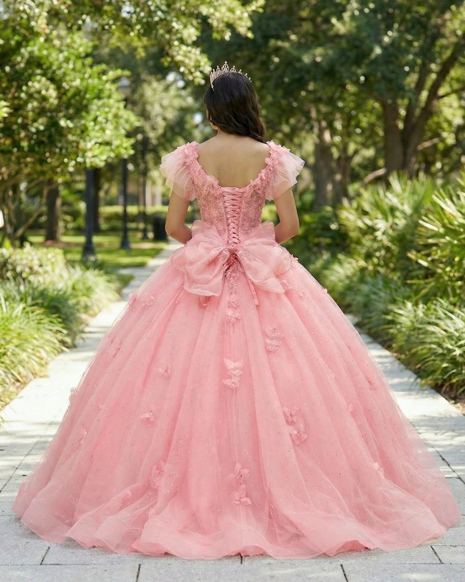 Pink Tulle 3D Floral Lace Bow-Back Quinceanera Dress with Flutter Sleeves Pink / 2 Pink Tulle 3D Floral Lace Bow-Back Quinceanera Dress with Flutter Sleeves Pink / 2