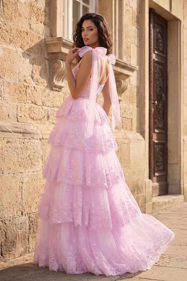 Pink Tulle Appliques Tying Strap Ruffle Tiered Long Prom Dress - KissProm