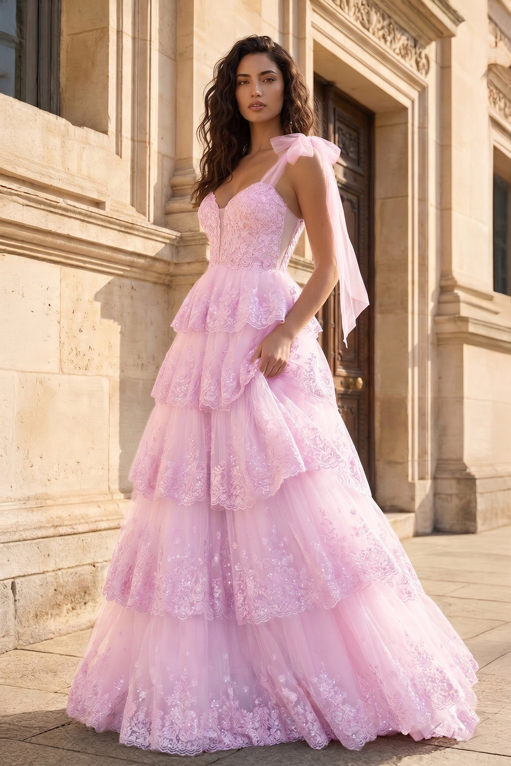 Pink Tulle Appliques Tying Strap Ruffle Tiered Long Prom Dress - KissProm