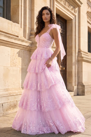 Pink Tulle Appliques Tying Strap Ruffle Tiered Long Prom Dress - KissProm