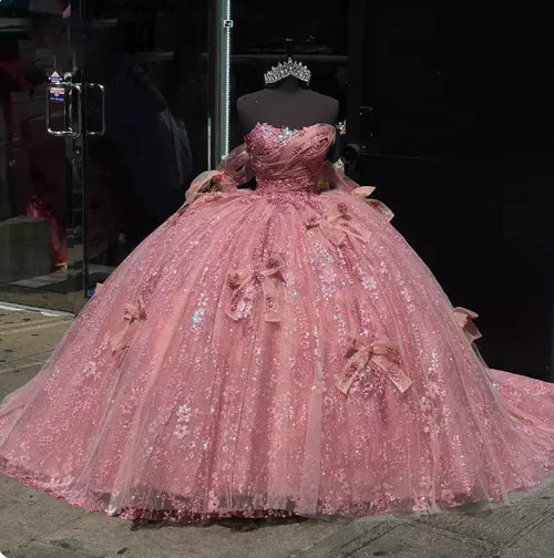 Pink Tulle Ball-Gown Off-the-Shoulder Quinceanera Dresses
