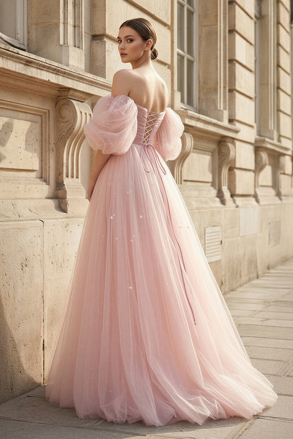 KissProm-Pink Tulle Floor Length Prom Dress, Cute A-Line Evening Party Dress