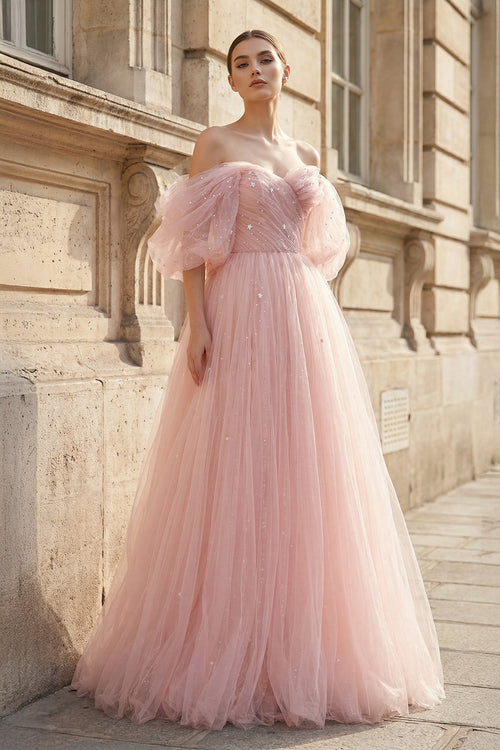 KissProm-Pink Tulle Floor Length Prom Dress, Cute A-Line Evening Party Dress