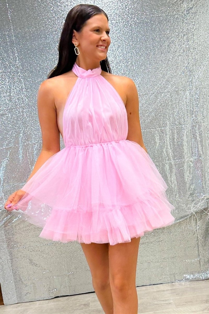 Short Tulle Ruffle Dress Pink Tulle Halter Short Homecoming Dress With Ruffles Short Tulle Ruffle Dress Pink Tulle Halter Short Homecoming Dress With Ruffles